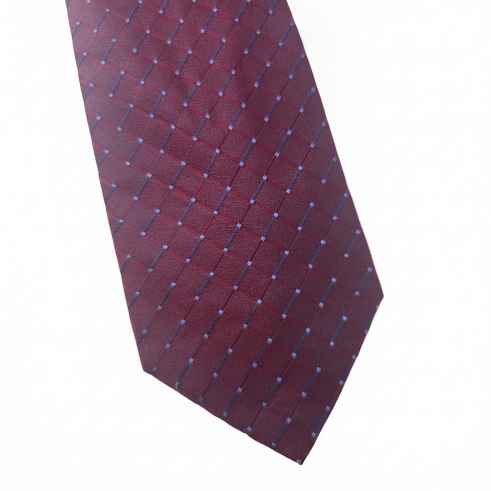 Valerio‎ Garati Hand Made Pure Silk Tie Burgundy Red Blue Geometric Grid Pattern